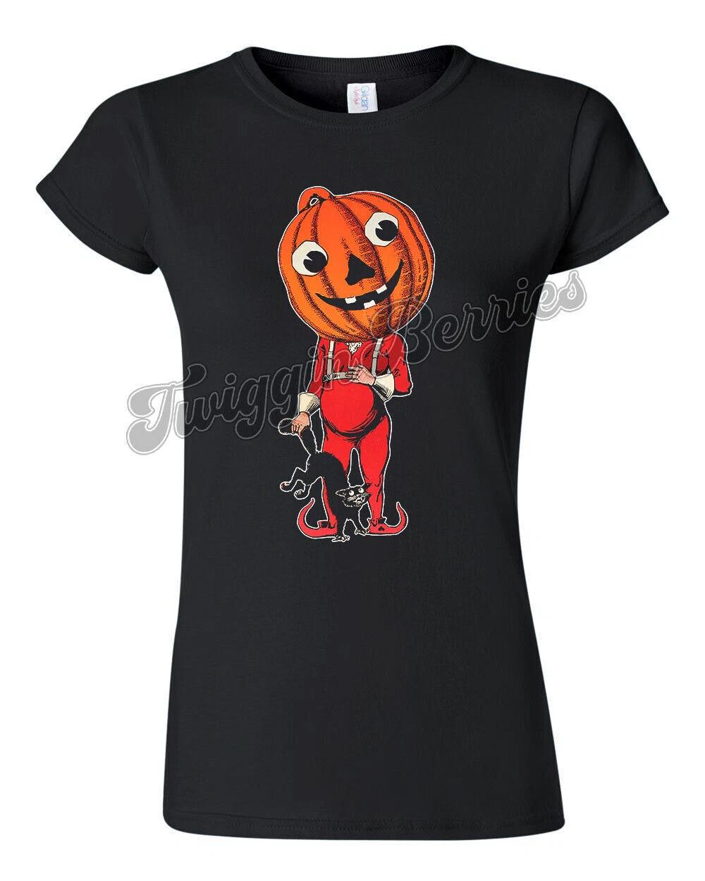 Retro Halloween Tee T Shirt Vtg Art Goth Witch Creepy Pumpkin Head Cat S