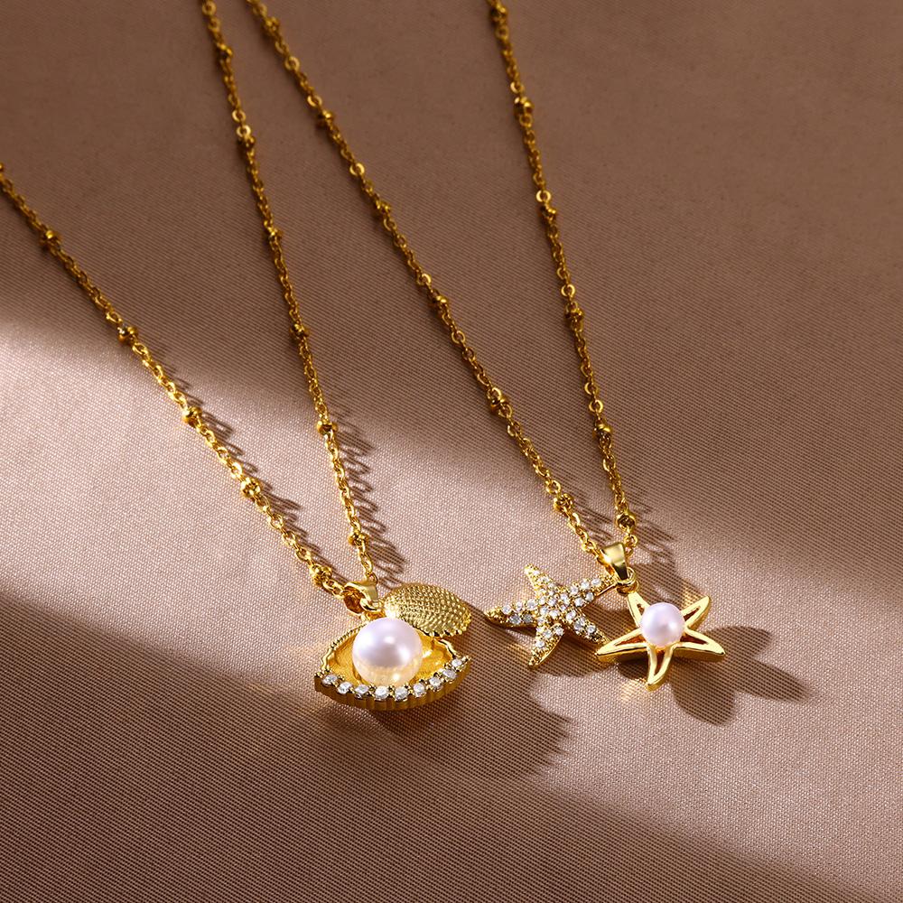 Cubic Zirconia Starfish Pendant Necklace For Women Double Charm With Pearl Necklaces Female Statement Stainless Steel Jewelry