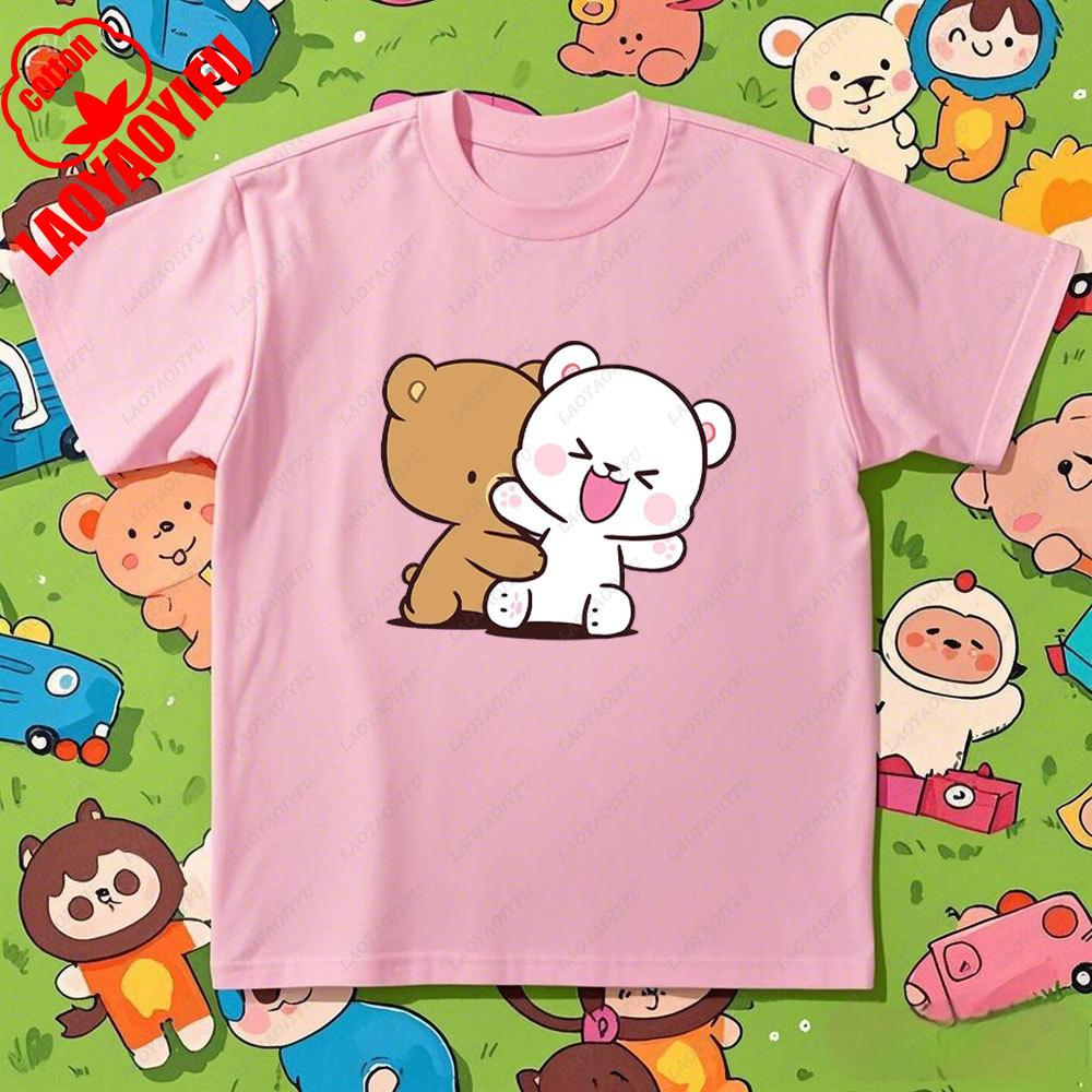 Kawaii Couple Tshirt Matching Milk and Mocha Cartoon Anime Print Cotton Unisex Women TShirt Couple Tee Summer Casual Shirt Tops