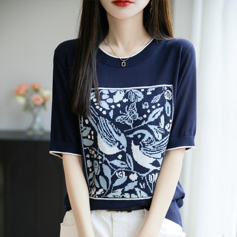 

Women Summer Round Neck Half Sleeve Bird Floral Jacquard Knit Casual Top S темно-синий