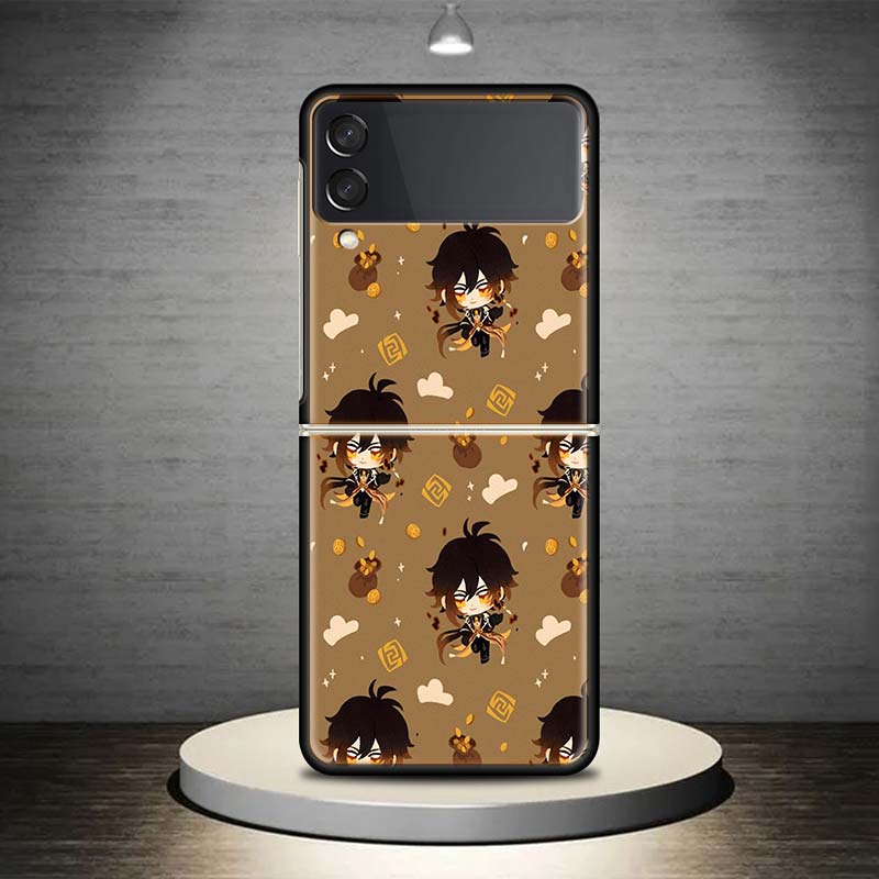 Genshin Impact Art Background For Samsung Galaxy Z Flip 4 3 5G Phone Case Black Hard Cover ZFlip 4 3 Luxury Shockproof Bumper Co