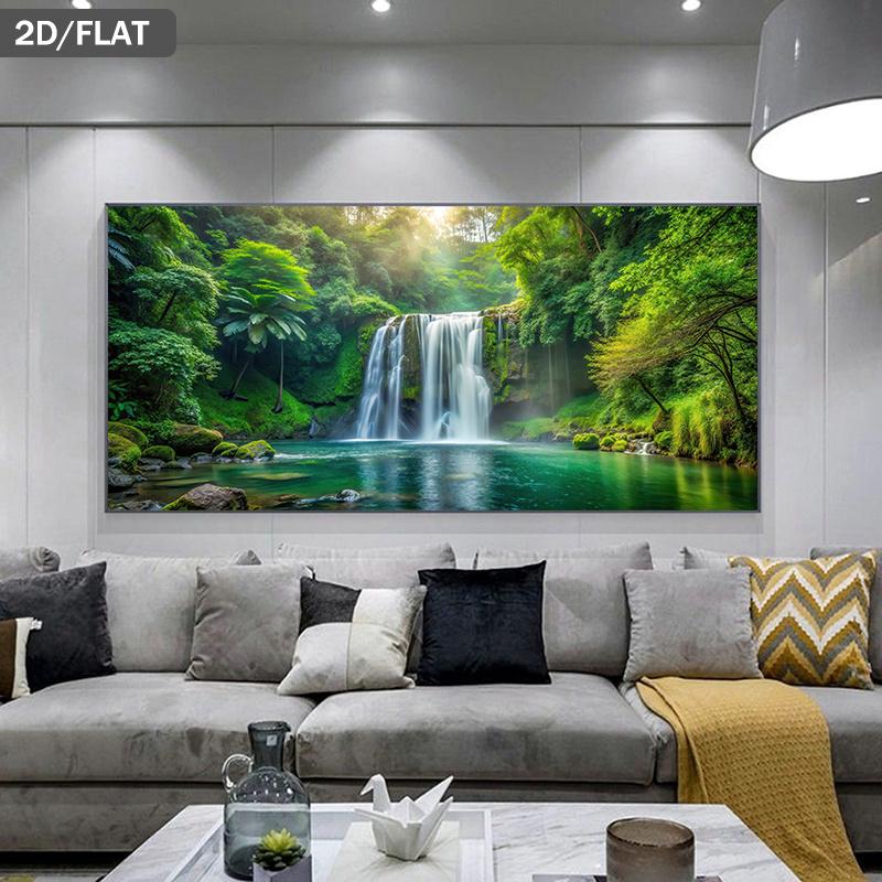 One Oversized Modern Minimalist Canvas Painting - Frameless Lush Green Forest Waterfall Wall Art Poster -