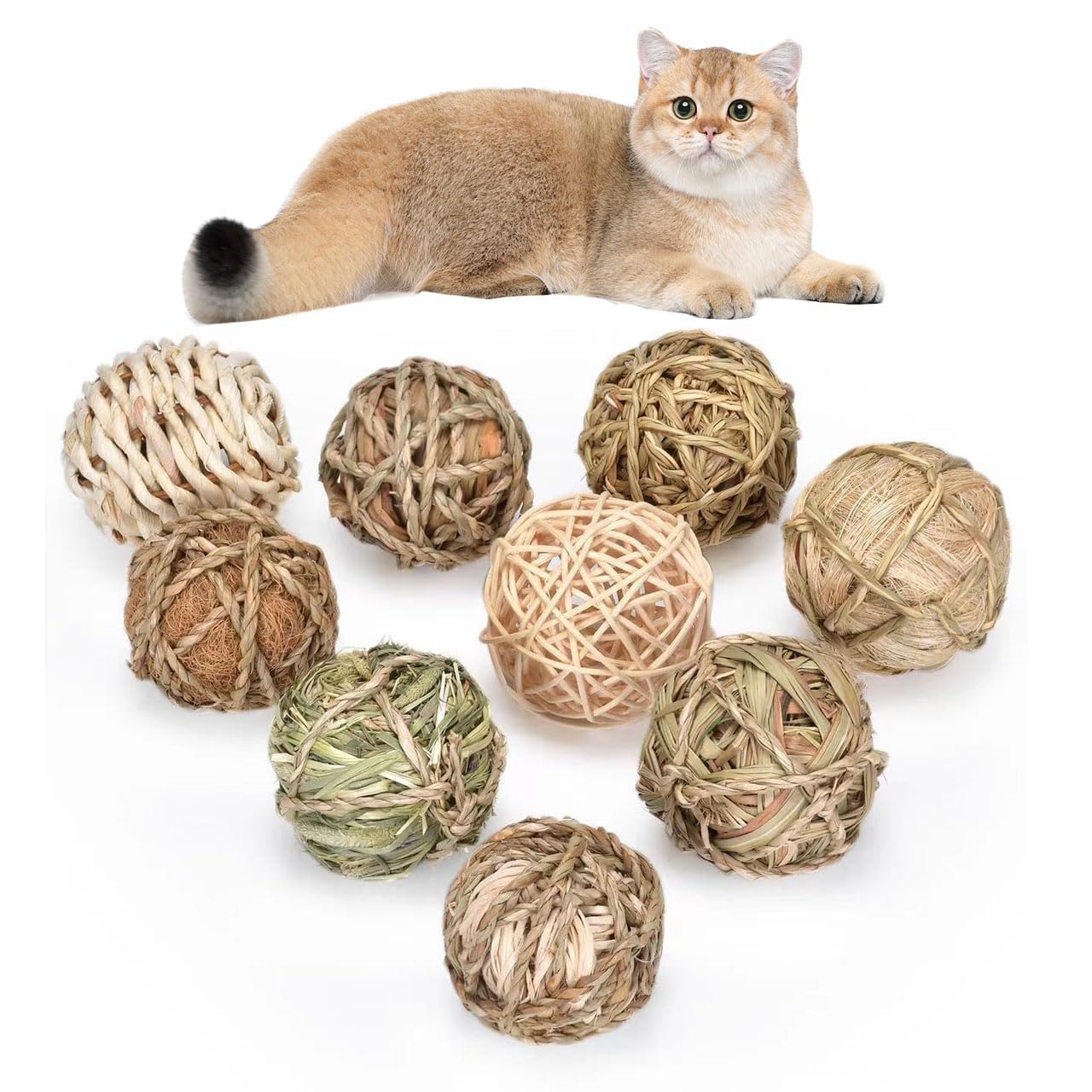 

vrunyuoi Cat Toy Ball Set of Natural Sepak Takraw Ball with Pet Toy for Kitten and Adult Natural Rattan Stress Stimulates Smell 9, Bells, Uncolored,