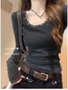 Korean Style Slim Fit Round Neck Rivet Long Sleeve Top for Women - Spring Solid Color