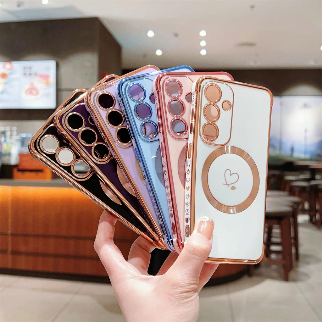 For Samsung Galaxy S26+ Magnetic Case Electroplated TPU Phone Cover Hollow Love Hearts