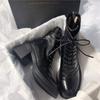 ~ Thick-soled thick-heeled lace-up elastic boots round head temperament leather rear zipper short thin Martin boots