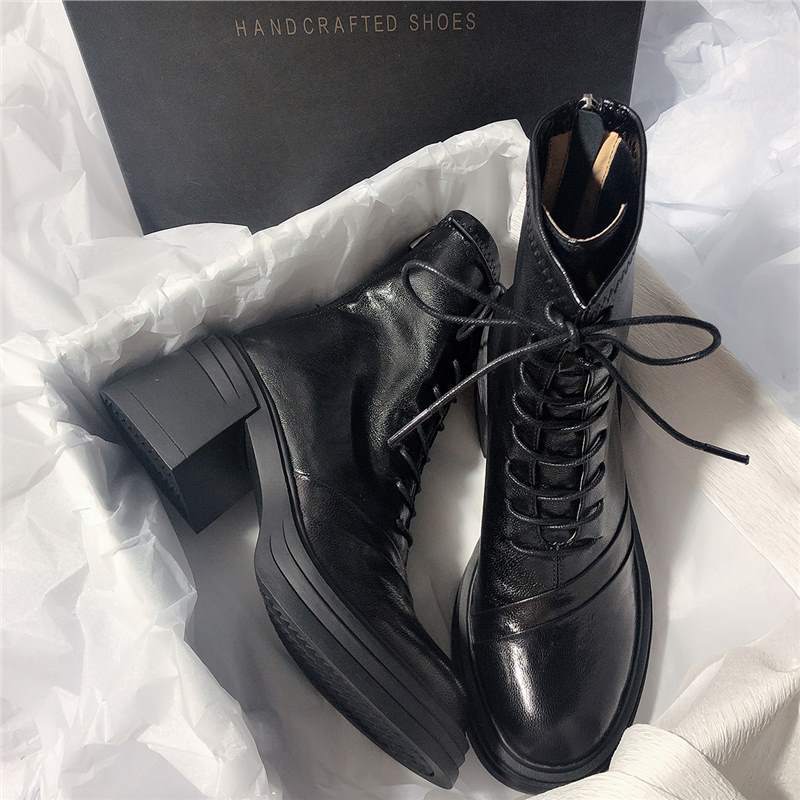 ~ Thick-soled thick-heeled lace-up elastic boots round head temperament leather rear zipper short thin Martin boots