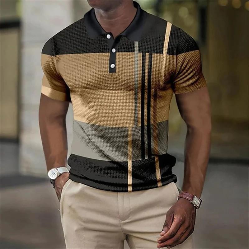 Men'S Casual Polo Shirt 3D Digital Printing Short Sleeve Splicing Color Trend Top