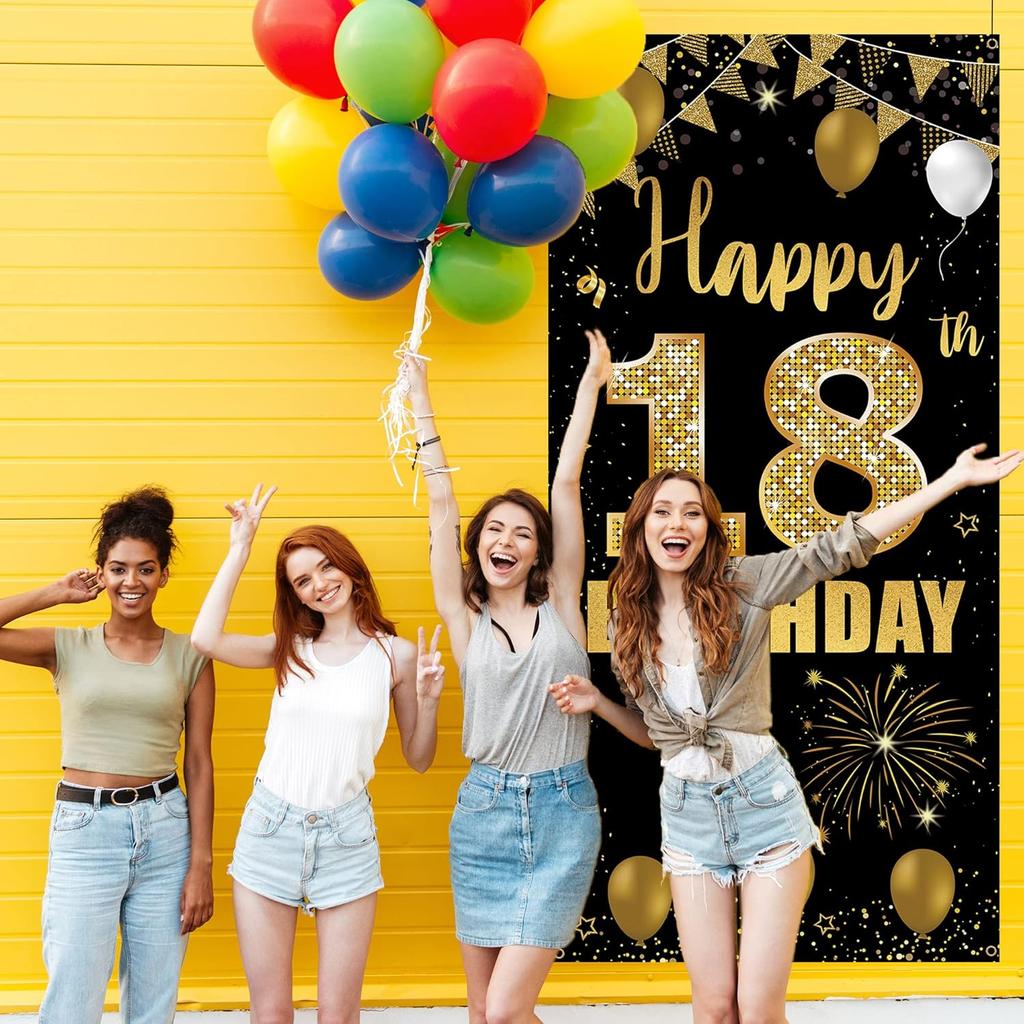 18th Birthday Door Banner Backdrop, Happy 18th Birthday Decorations for Girls Boys Black Gold, 18 Years Old Birthday Party Photo Props Yard Sign for