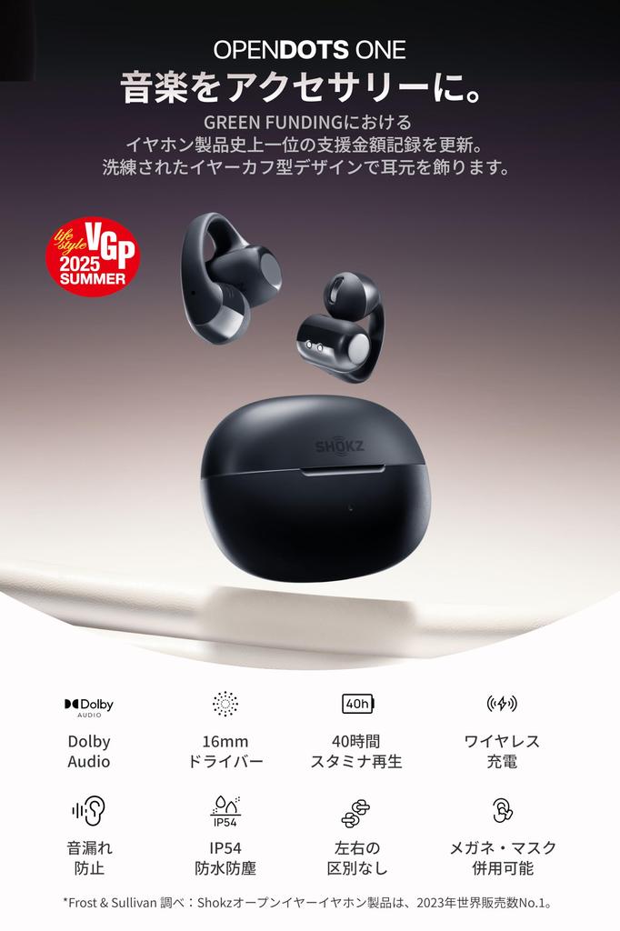 Shokz OpenDots ONE Ear Cuff Wireless Earbuds, Open-Ear Earphones with Dolby Audio, 40 Hours of Playback Time, Sound Leakage Suppression Technology, VG