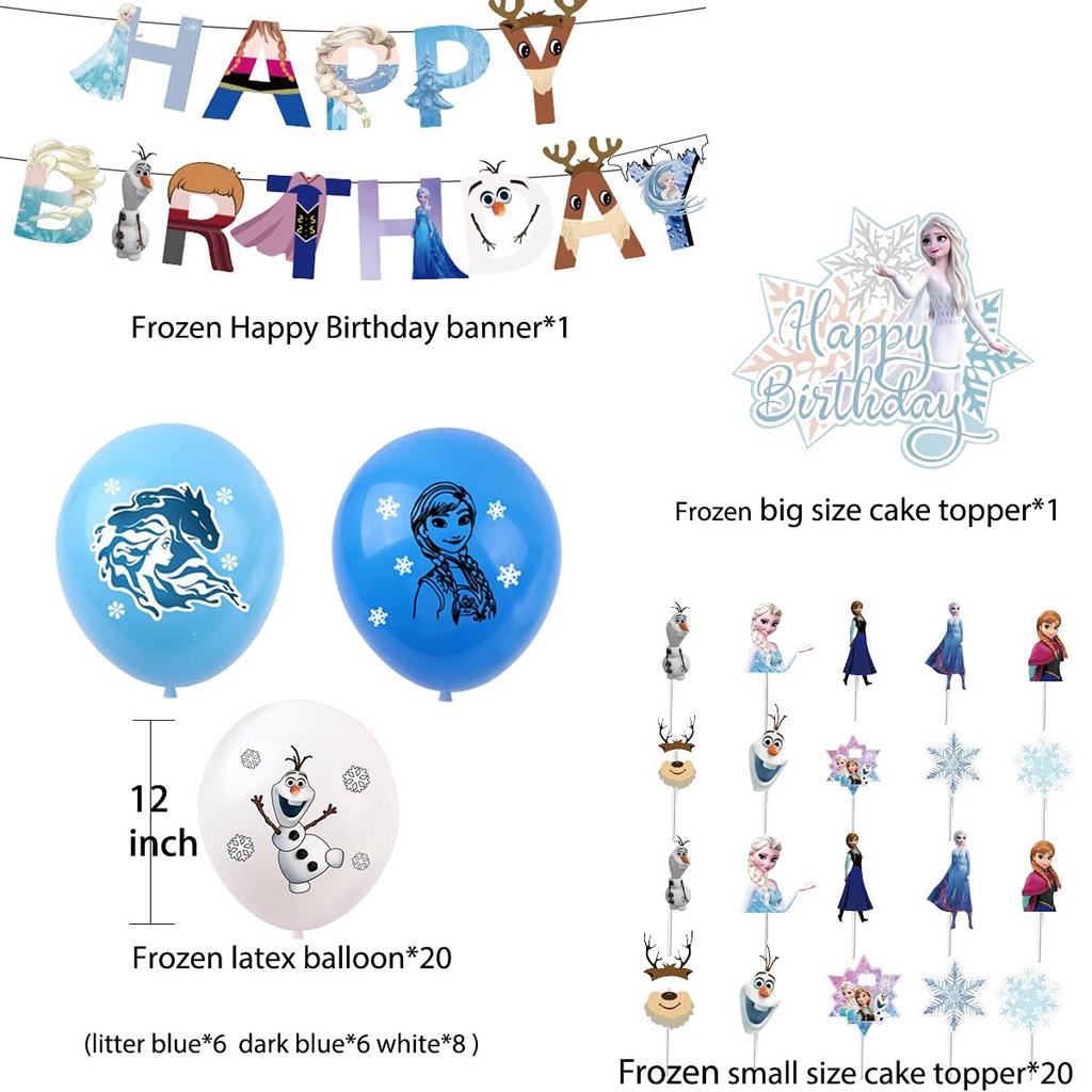 Frozen Birthday Decorations Party Set for Kids and Girls, Disney Characters 7, Princess, Olaf, Cute Blue and White Balloons, Happy Birthday Banner,