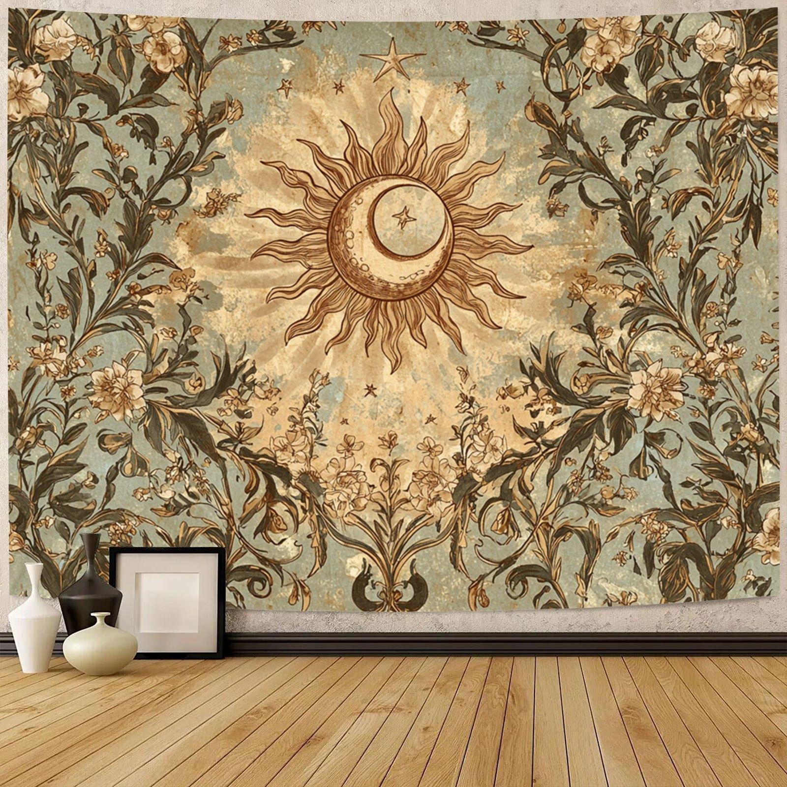 

VIKAMA Sun And Moon Bohemian Tapestry Retro Mystical Floral Wall Hanging Home Art Decor For Living Room Bedroom 74x94cm(29x37in)