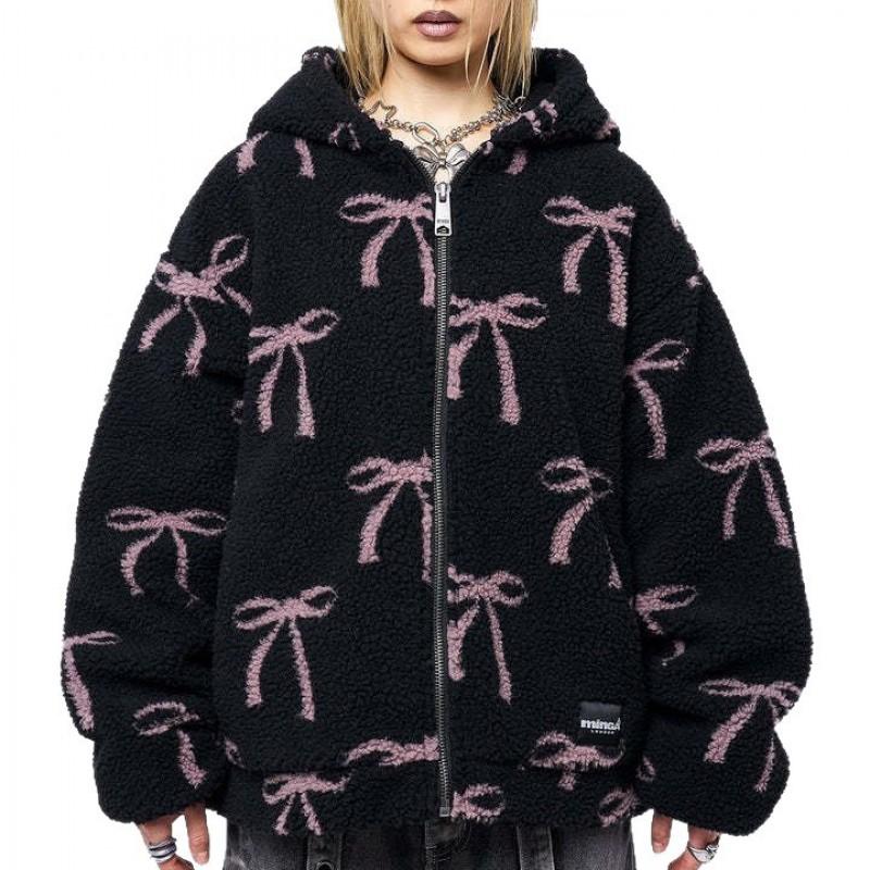 Womens Oversized Hooded Zip-Up Sweatshirt With All-Over Bow Print Faux Sherpa Lining Streetwear Casual Top