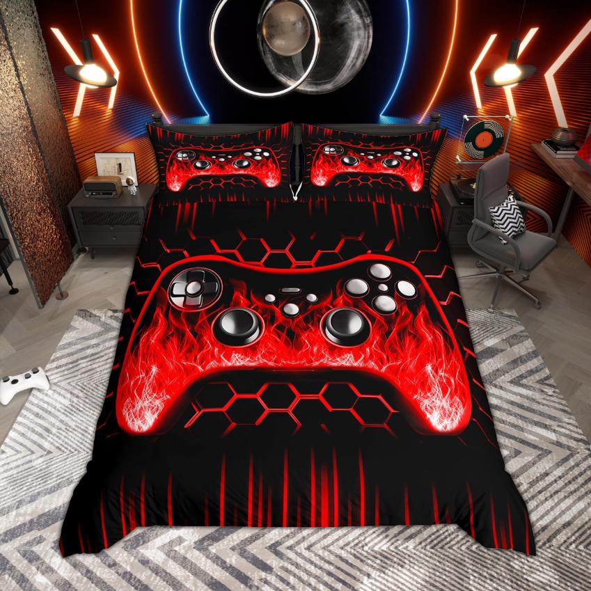 Homewish Pojkar Spelare Gaming Påslakan Set Neonlys Honungskaka Sängkläder Svart Vändbart Täckeöverdrag Set