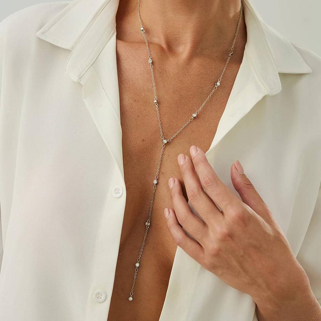 Salircon Minimalism Rhinestone Long Tassel Necklace Women Vintage Chest Thin Chain Female Adjustable Chain Party Jewelry Gifts