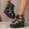 Women's Floral Vintage Sandals, Back Zipper Platform Hollow Lace Up Shoes, Summer Breathable Wedge Holiday Shoes
