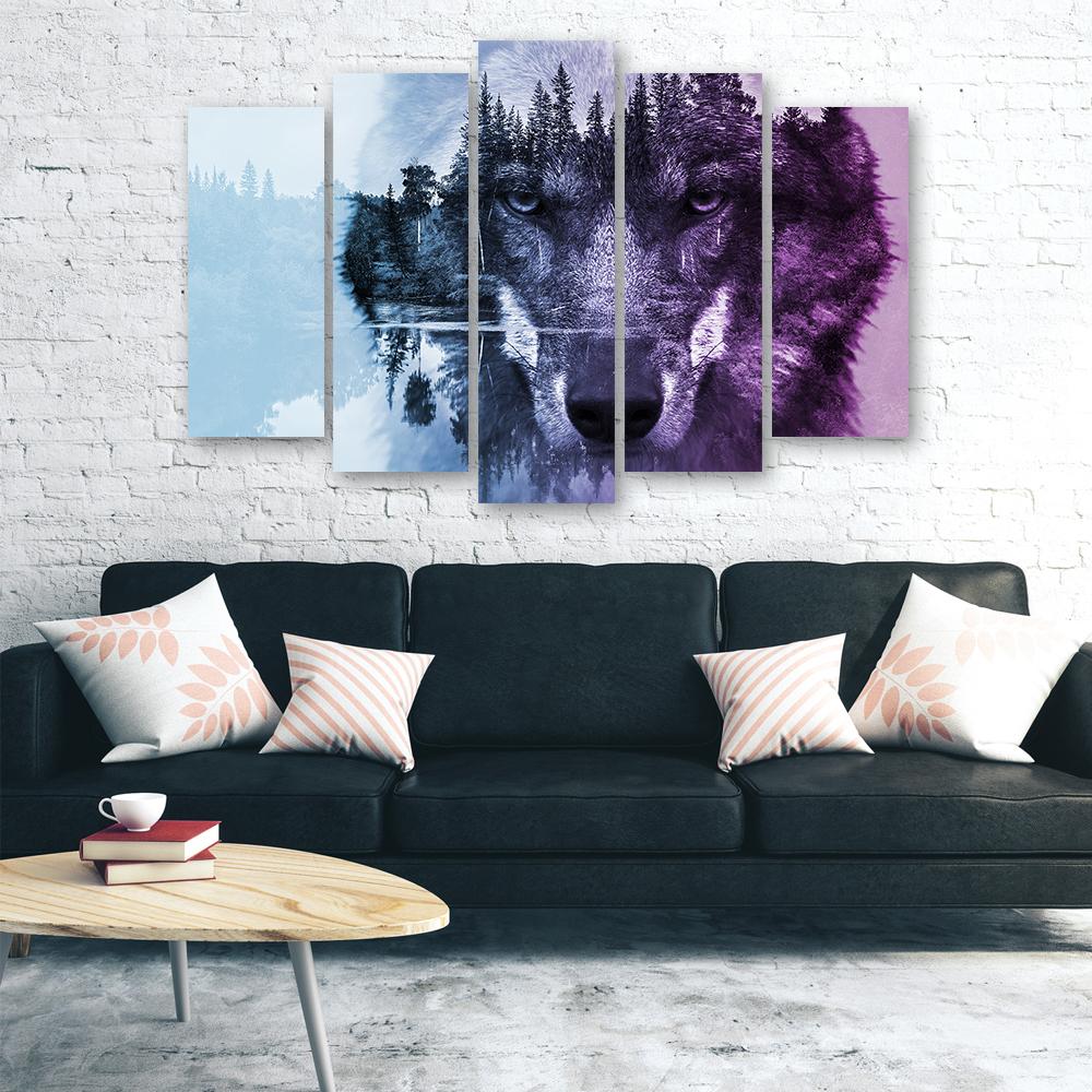 Five Piece Picture Canvas Print Wolf Animals Forest Purple