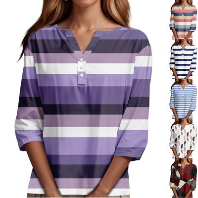 Women's T Shirt Tee Print Button 3/4 Sleeve Daily Weekend Fashion Basic V Neck Regular Top
