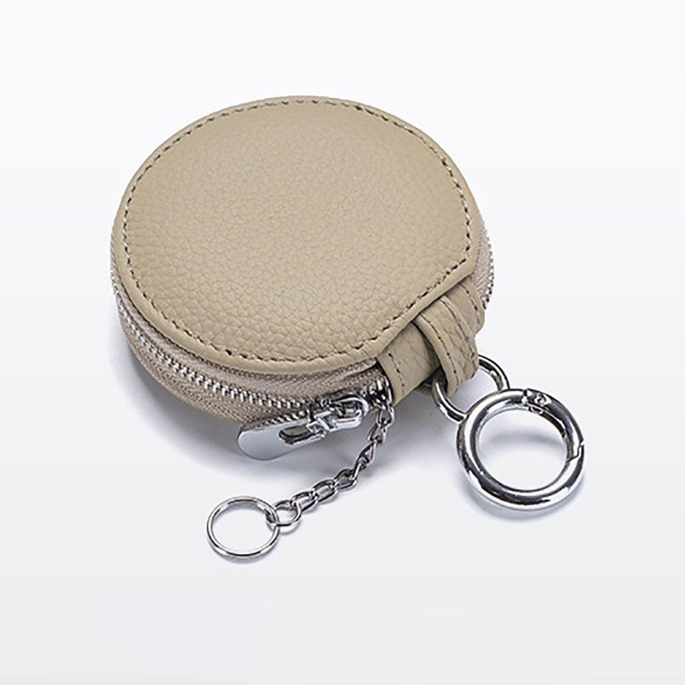 Genuine Leather Coin Purse Bag Pendant Decor With Mirror Round Wallet Keychain Zipper Closure Lipstick Storage Bag Bluetooth