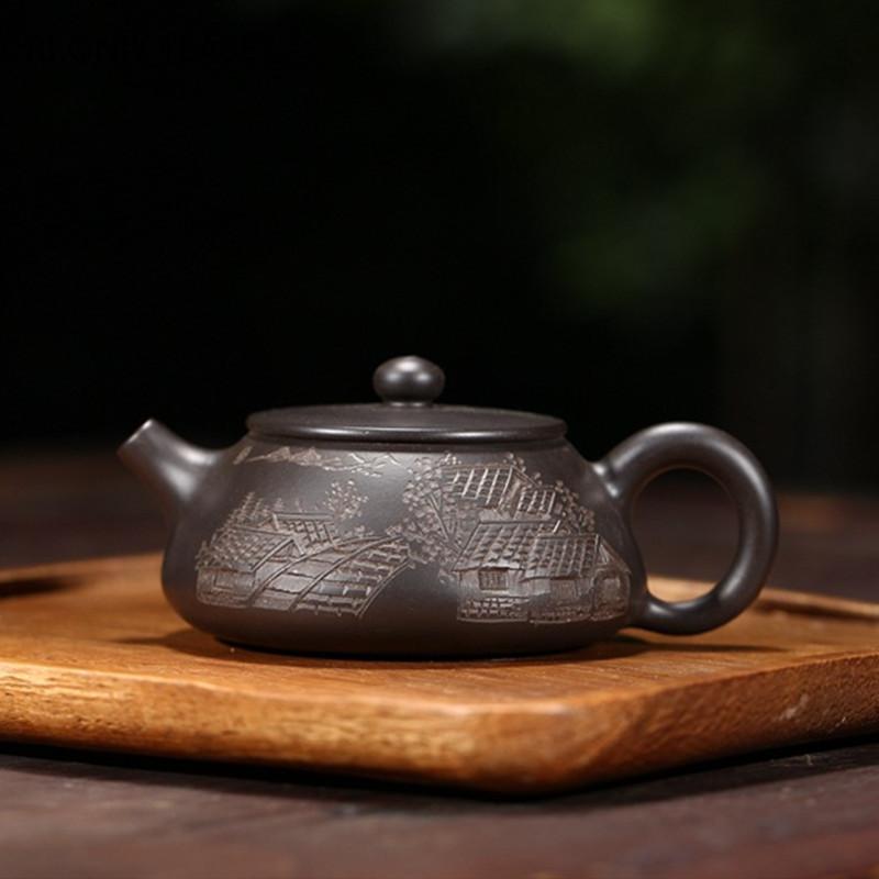 120ml Boutique Yixing Purple Clay Teapot Raw Ore Black Mud Stone Scoop Tea Pot Home Ball Hole Filter Kettle Zisha Tea Set