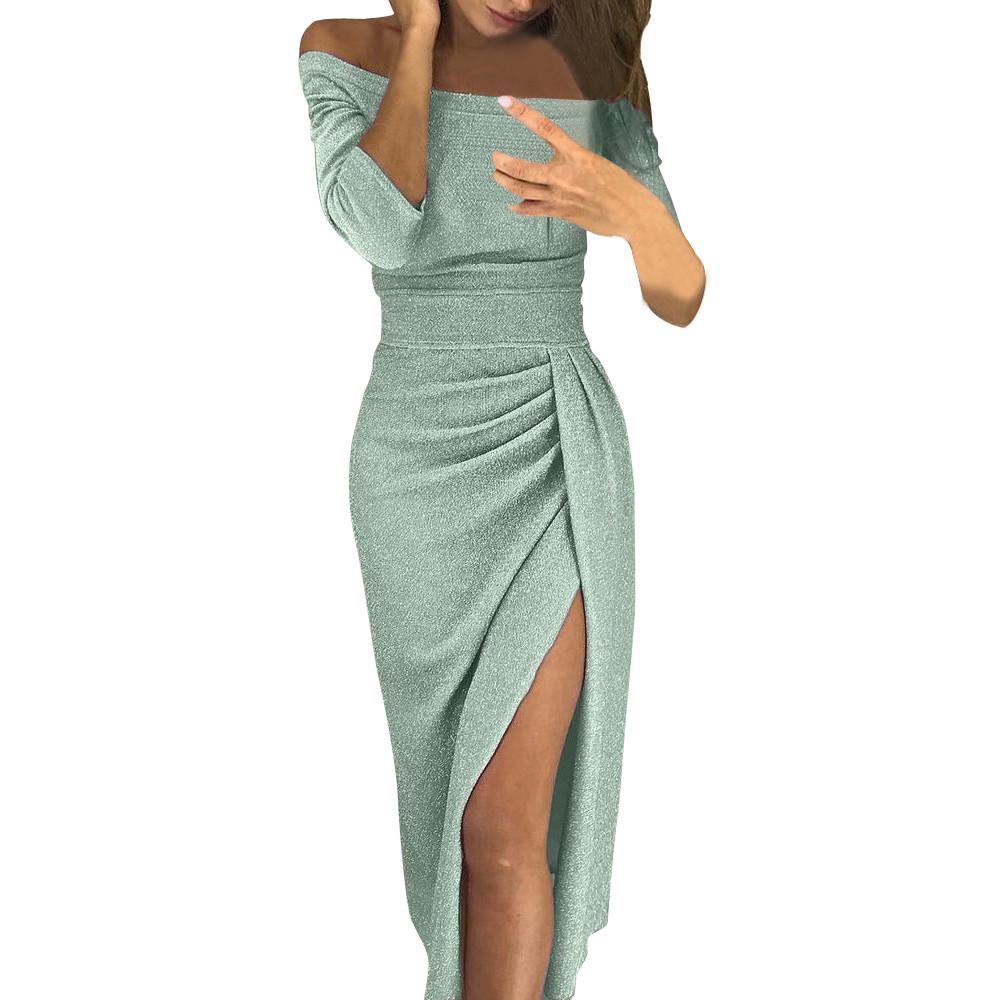 2024 Women's Fashion Sexy Strapless High Slit Tight Dress Long Sleeve Dress