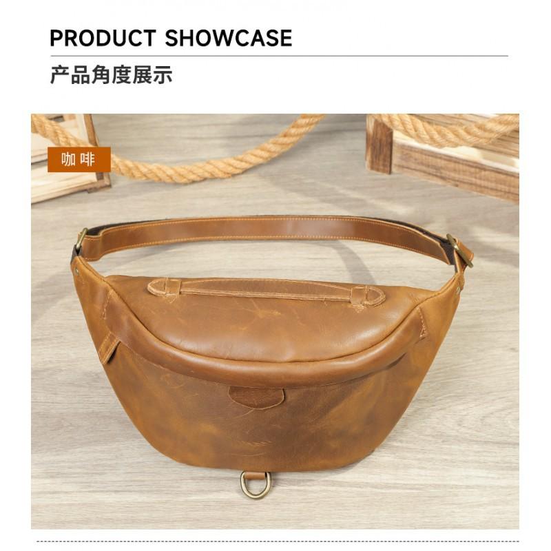 Crazy Horse Leather Retro Men's Waist Bag Outdoor Sports Single Shoulder Crossbody Large Capacity Leisure Multi Functional Chest