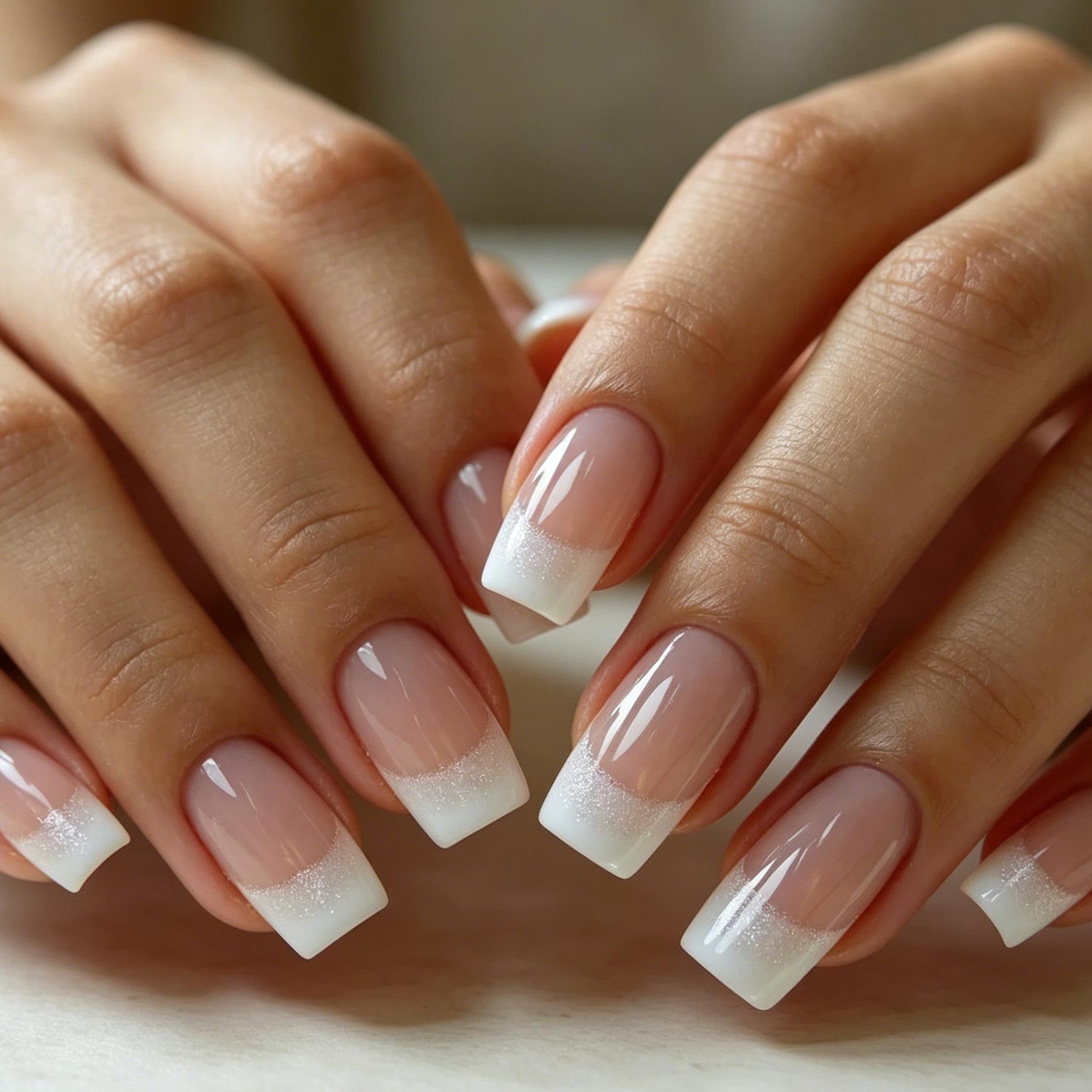24 Nail Art Nude White Edge Double French Silver Glitter Craft Medium And Long Square Wearing Nail Jelly glue + rubbing strips*3pcs