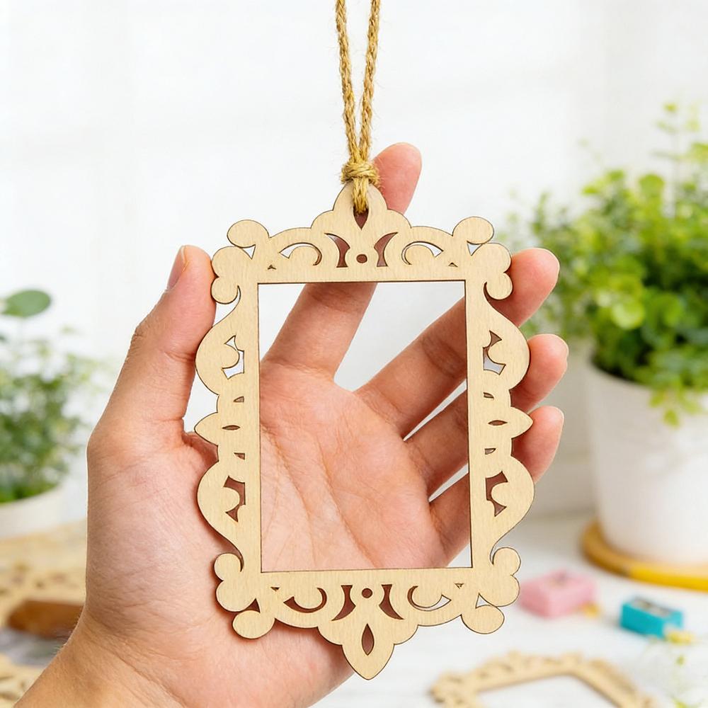 24 PCS Vintage Carved Wooden Frames Set with Jute String, 6 Designs for Photo Display, DIY Crafts, Wedding & Home Wall Decor