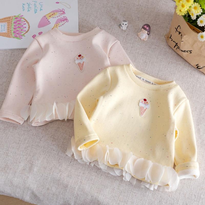 Girls Long Sleeve T-shirt Sweet Flower Patchwork Hem Warm Clothes Cotton Blend Comfortable Breathable Round Neck Pullover for Toddlers