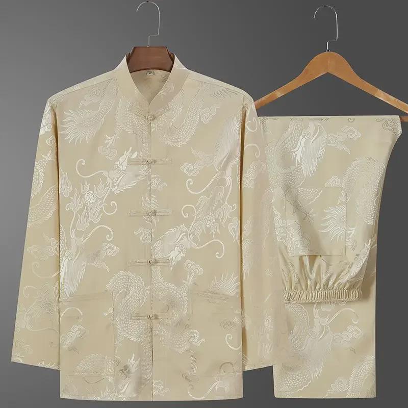 Ice Silk Tang Suit Long-Sleeved Shirt: Men's Chinese-Style Spring/Autumn Dress for Middle-Aged and Elderly
