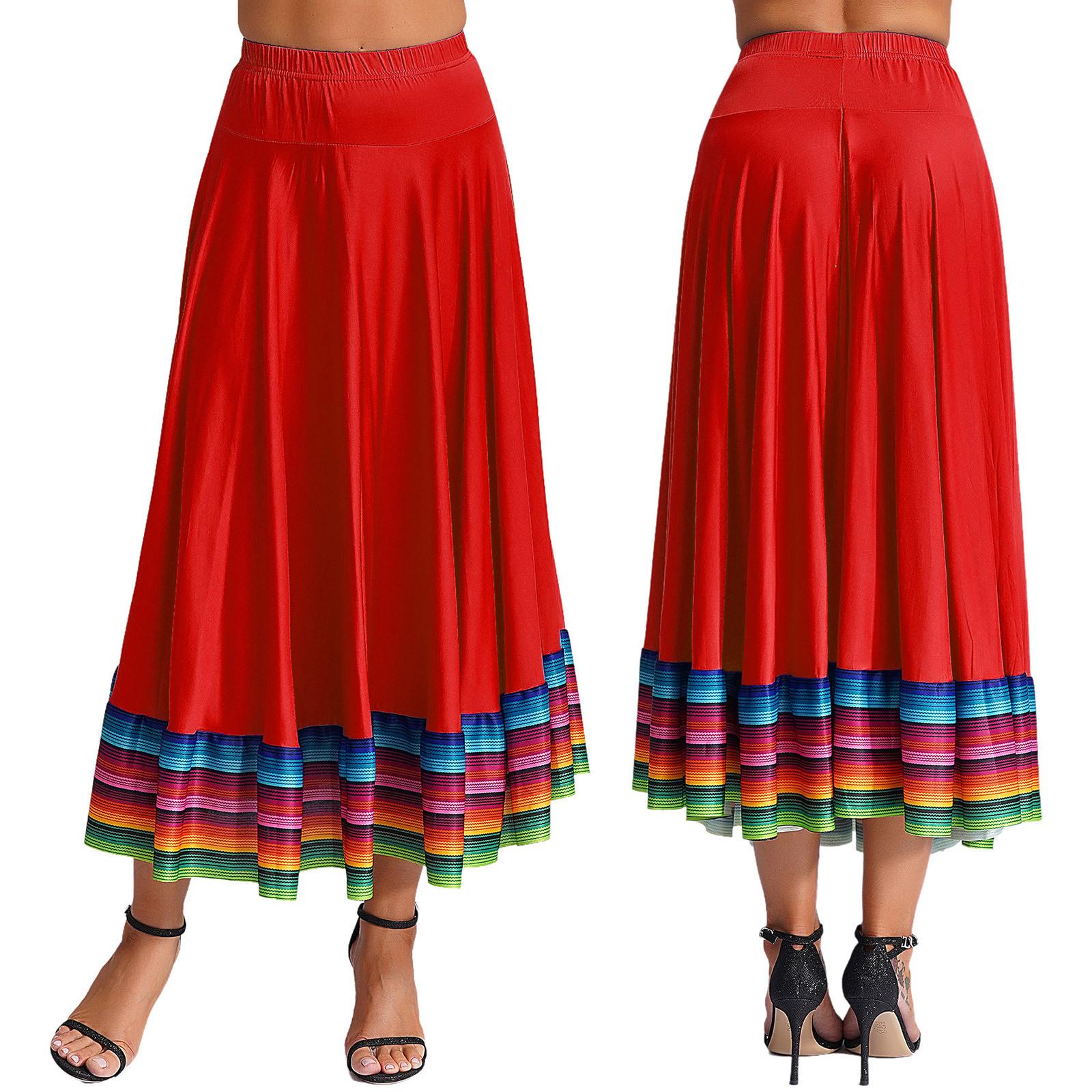 

Womens Colorful Stripe Hem Skirt Elastic Waistband Flamenco Ballroom Dance Folk Dancing Stage Performance Skirt L