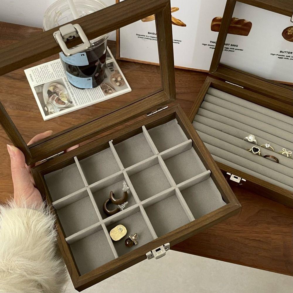 Glass Lid Wooden Jewelry Box Square Jewelry Display Tray Ring Case Ring Display Holder  Women Gift