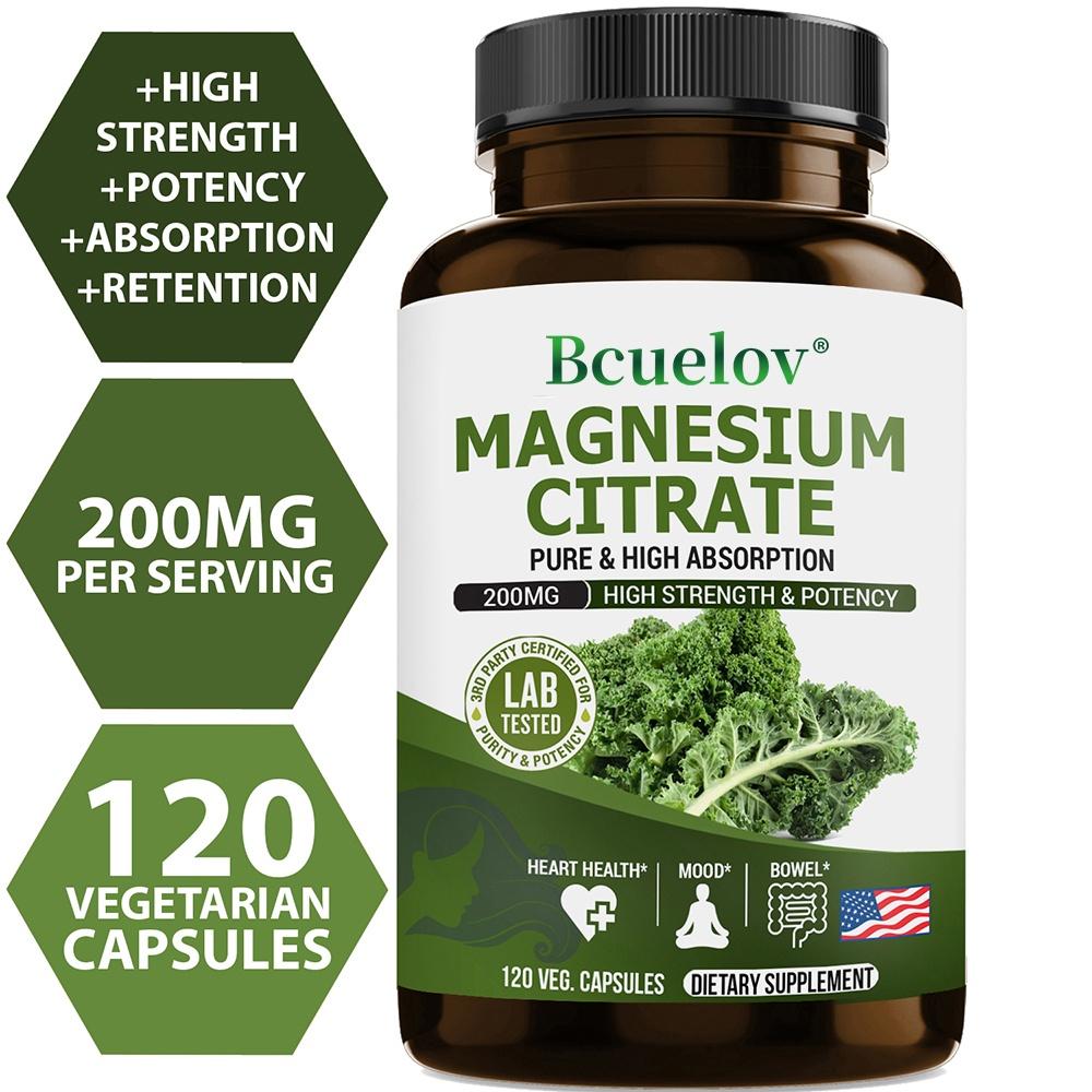 Bcuelov Magnesium Citrate — 200mg, Pure & High Absorption, 120 Veggie Capsules