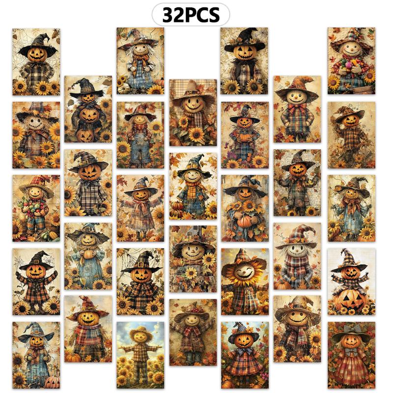 

32pcs, vintage autumn scarecrow postcards, autumn harvest, birthday/anniversary gifts, collectible, giftable, and mailable