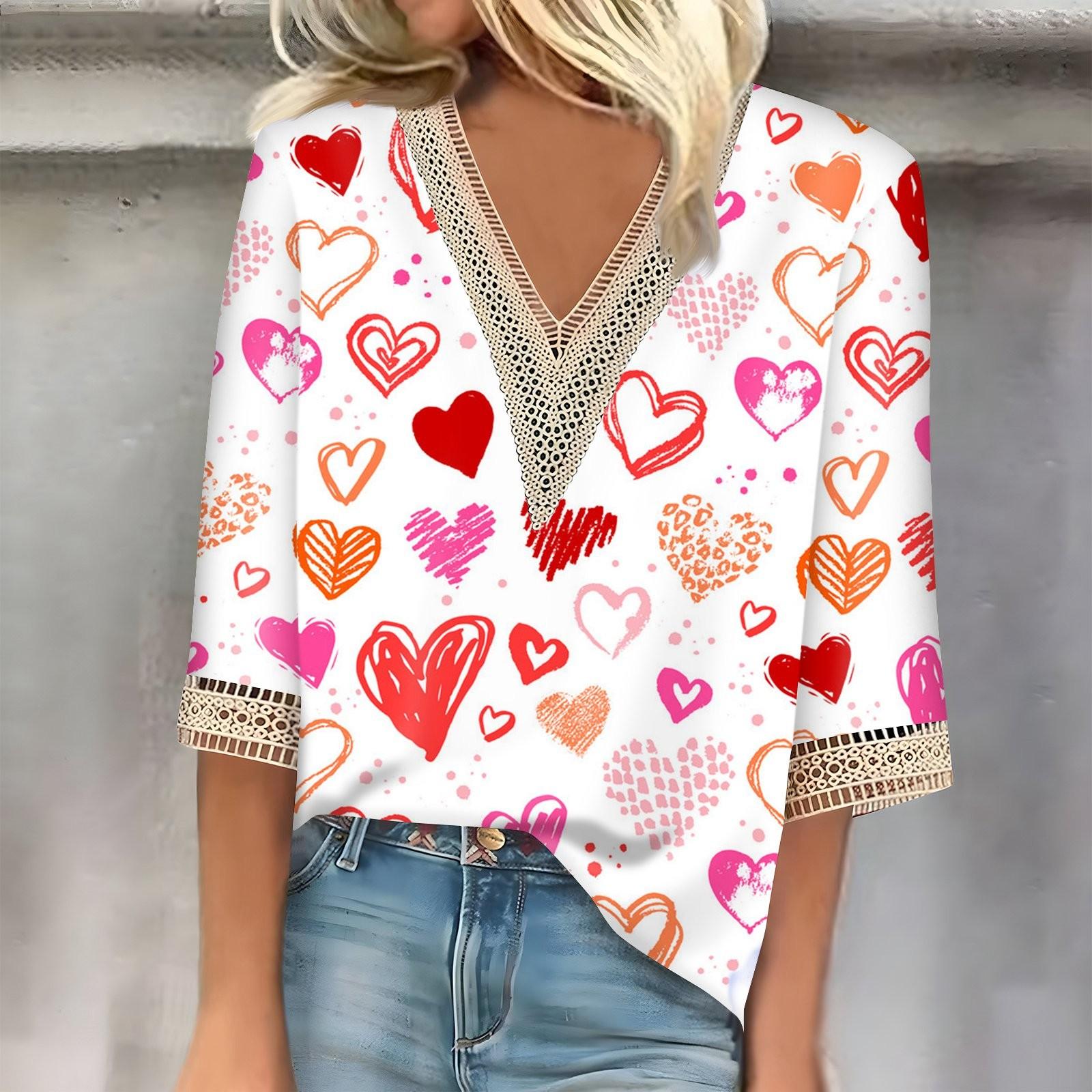 

Женский топ с рукавом три четверти, кружевной, с принтом ко Дню святого Валентина, модный, базовый, с V-образным вырезом, обычный топ XL арбуз красный