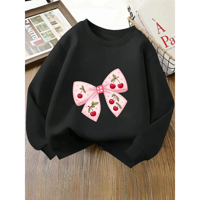European sizes Crewneck Sweatshirt for Kids Featuring a Cherry Design with a Pink Bow And Polka Dots. Perfect for Sports And Casual Outings