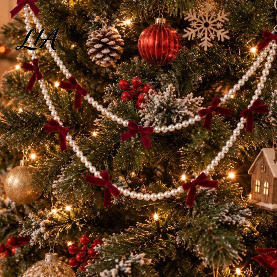 Christmas Window Display Velvet Bow Faux Pearl Garland, 2 Layers Beads Seasonal Home Accents Hanging String Strand for Tree, Wreath, Fireplace,