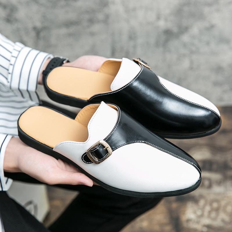 Cross46 Men's Large Summer Closed-Toe Leather Slip-Ons: Fashionable Retro Color Block Outdoor Shoes
