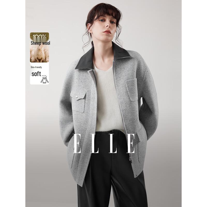 ELLE Women s 100% Sheep Wool Spliced Double-Faced Woolen Coat M