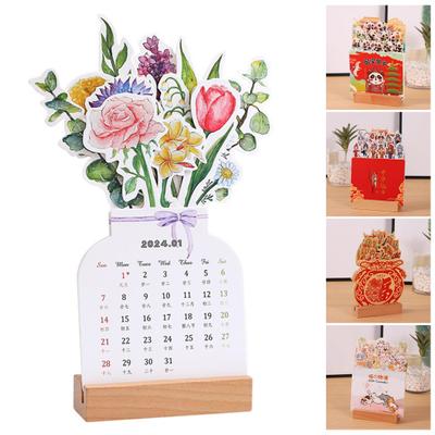 2024 Desk Calendar with Wooden Base Cartoon Theme Card Type 12 Months Jan To Dec 2024 Home Office School Monthly Desktop Calendar