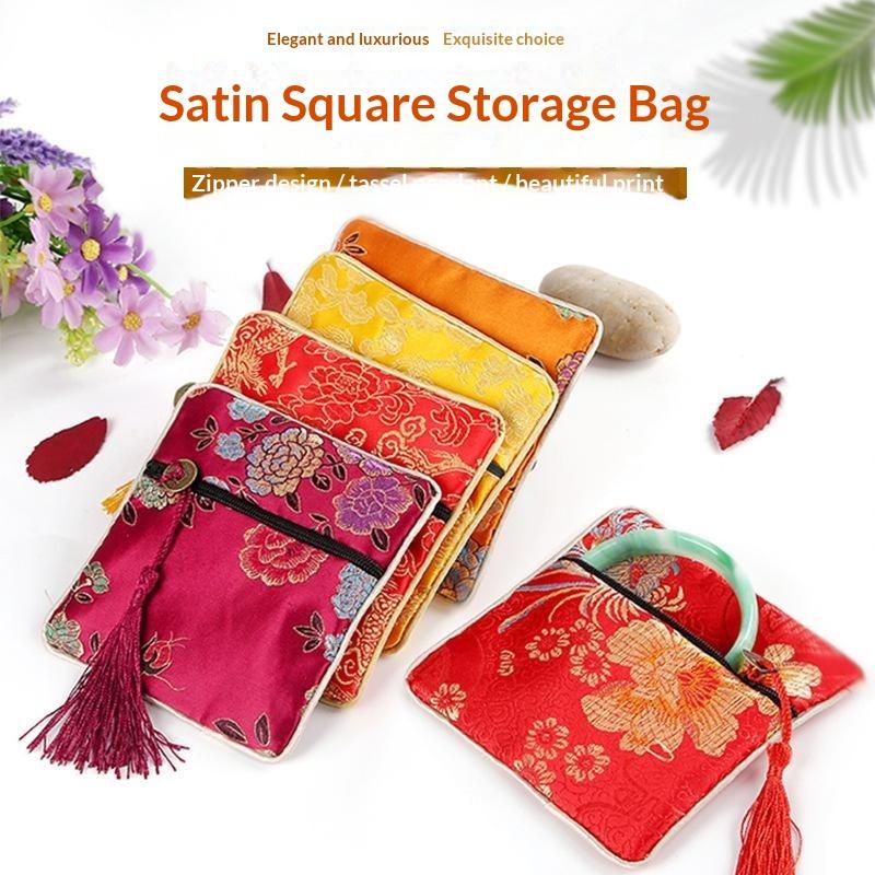 Traditional Chinese Brocade Square Pouch Embroidery Pattern Tassel Zipper Waterproof for Jewelry Cosmetic Home Travel Use