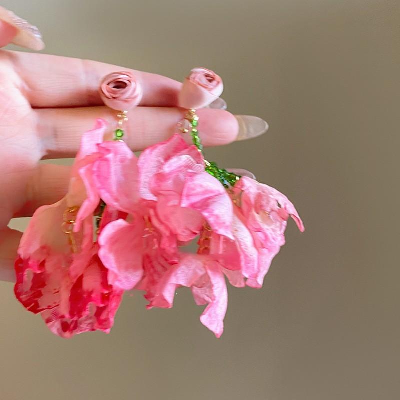 Silver needle chiffon flower fringed stud earrings sweet Mori dopamine earrings niche trend versatile earrings fashion women