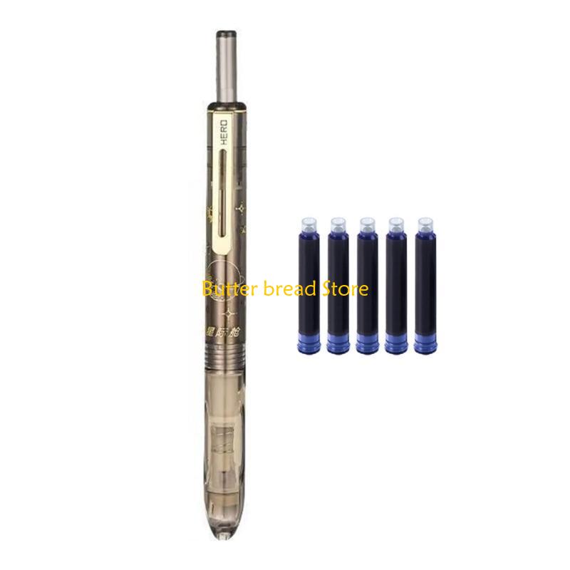 

W89C Retractable Fountain Pen with 5 Inks Cartridges 0.38mm Metal Fountain Pen Retractable Inks Pen for Writing Journaling чорний