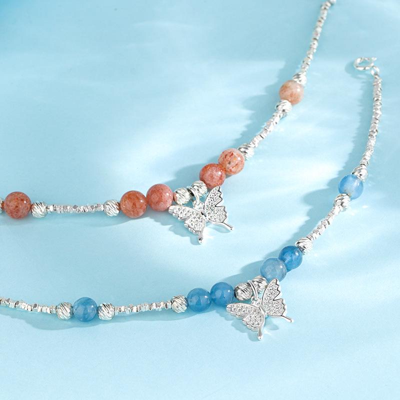 Браслет-бабочка из стерлингового серебра S925 с натуральным аквамарином, женский, инкрустированный бриллиантами, в новом китайском стиле с акцентами из ломаного серебра Aquamarine