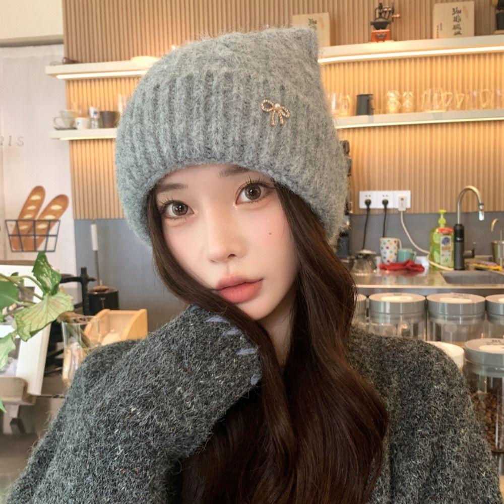 Japanese  Style Cat Ears Pullover Hat Solid Color Women Beanie Hat Woolen Knitted Hat  Ladies