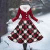 Women's Casual Dress Long-Sleeve V-Neck Patchwork Fleece Christmas Print Dress