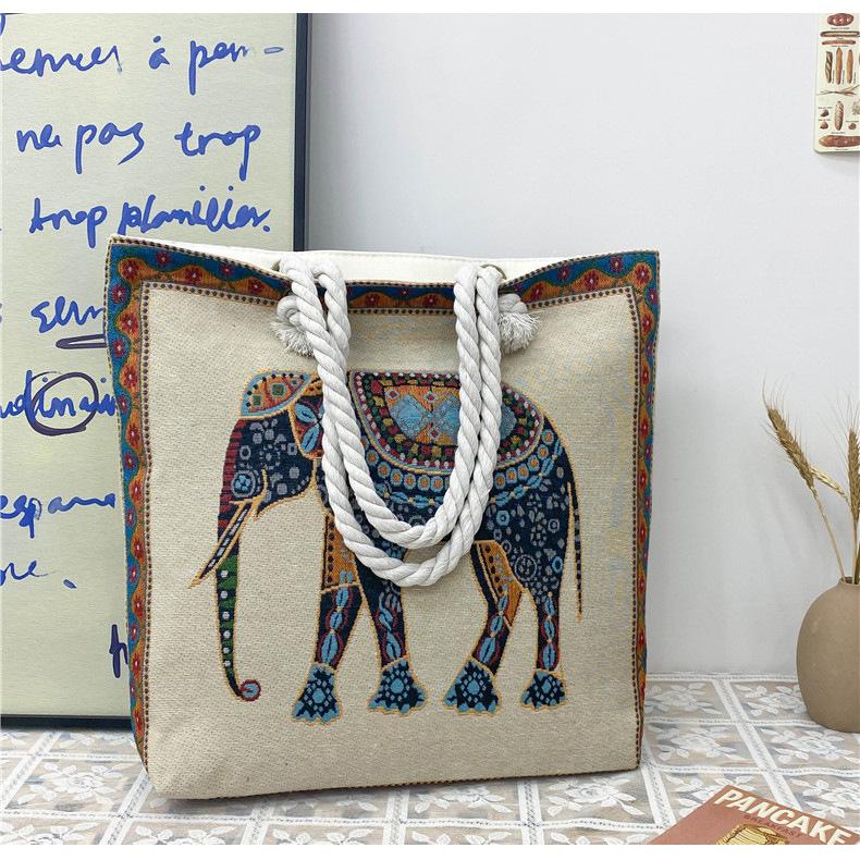 Etnisk stil elefantbroderad damväska hampa rep axelrem broderad mammapåse picknickväska axelväska messengerväska
