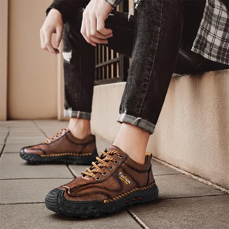 Fashion Men's Leather Casual Sneakers Handmade Breathable Shoes Soft Low-top Working Shoes