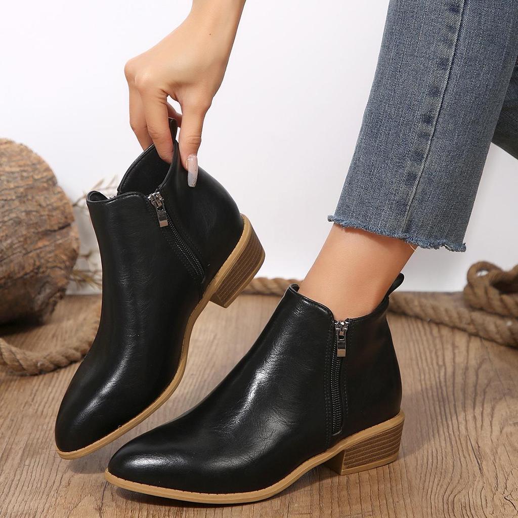 Large Size Casual Short Tube Square Thick Bottomed Snow Boots Autumn Winter PU Martin Boots Side Zipper Shoes 36-43