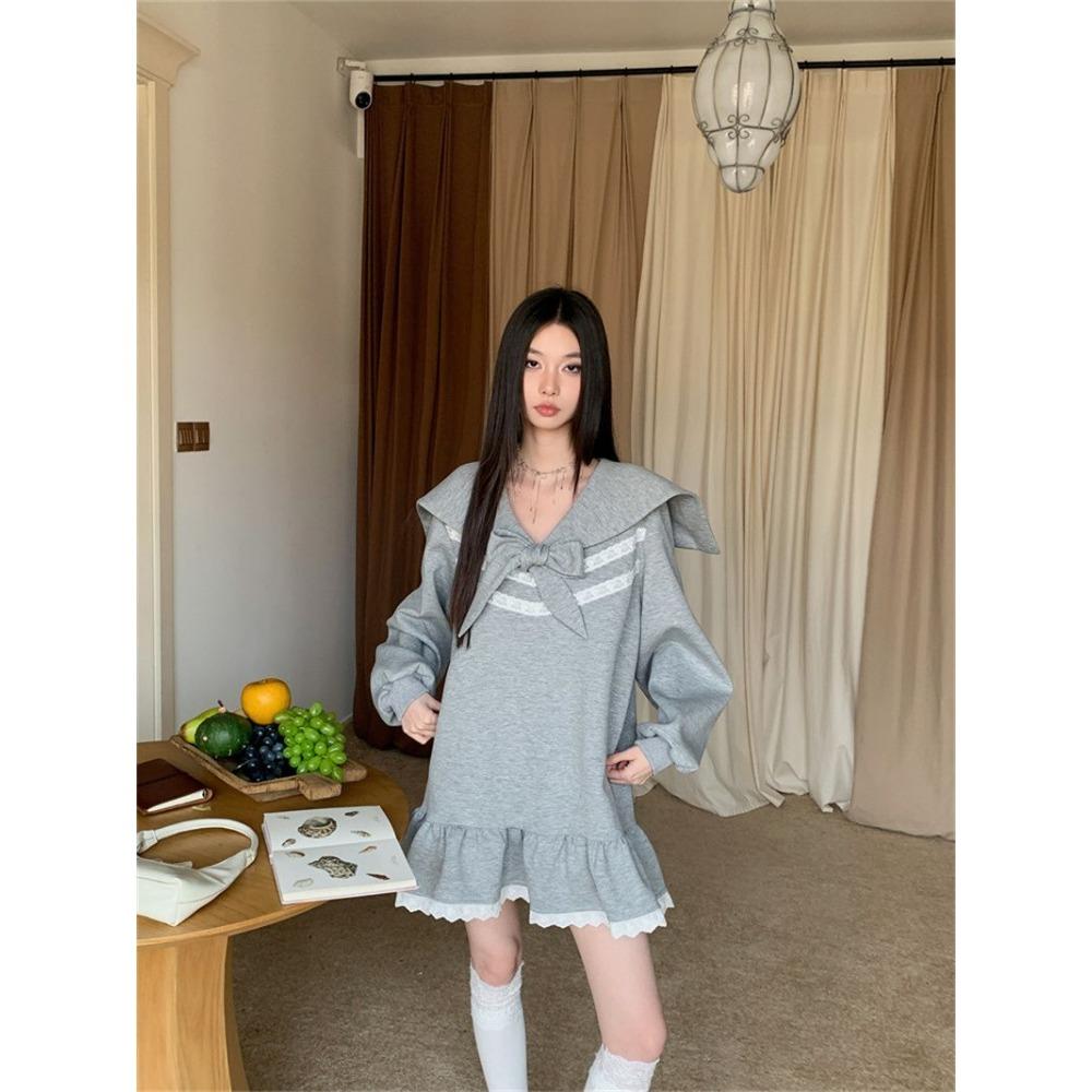 Sweet Preppy Style Mini Dress Female Clothing Fashion Lace Spliced Spring Autumn Sailor Collar Bandage Bow Basic Ruffles Dresses